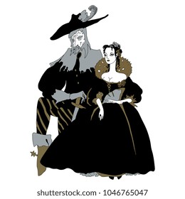 Isolated vector illustration. Beautiful couple in ancient costumes. Noble old man and young lady. Cartoon style. Based on hand drawn original style art.