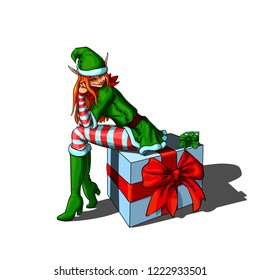 Isolated vector illustration of a beautiful elf santa helper sitting on a gift box.