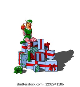 Isolated vector illustration of a beautiful elf santa helper sitting on a pile of gift boxes.