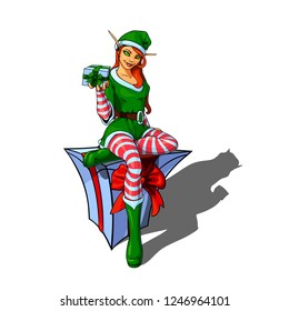 Isolated vector illustration of a beautiful elf santa helper sitting on a gift box holding another gift in her hand.