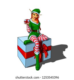Isolated vector illustration of a beautiful elf santa helper sitting on a gift box holding another gift in her hand.