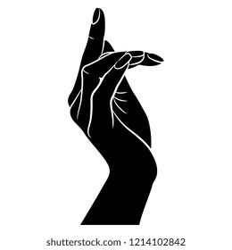 Isolated vector illustration. Beautiful female hand in elegant gesture. Index finger pointing up. Black and white linear silhouette. Cartoon style.