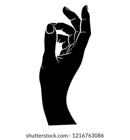 Isolated vector illustration. Beautiful female hand in elegant raised up gesture. Black and white linear silhouette. Cartoon style.