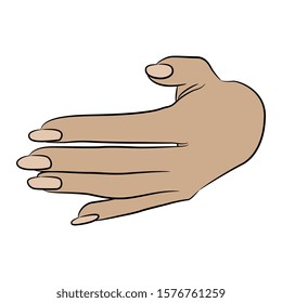 Isolated vector illustration. Beautiful female Caucasian hand with long nails in elegant embracing or protecting gesture. Carton style.