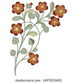 Isolated vector illustration. beautiful floral decor. Branch with leaves and flowers. Folk style. Decorative corner element.