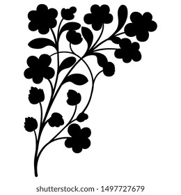 Isolated vector illustration. Beautiful floral decor. Branch with leaves and flowers. Decorative corner element. Black silhouette on white background.