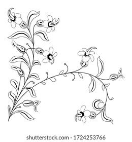 Isolierte Vektorgrafik. Schönes Blumenmotiv. Stilisierter Zweig mit Blättern und Blumen. Volksstil. Schwarz-Weiß-Silhouette.