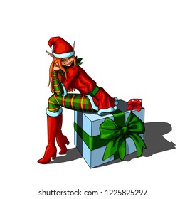 Isolated vector illustration of a beautiful girl elf santa helper sitting on a gift box.