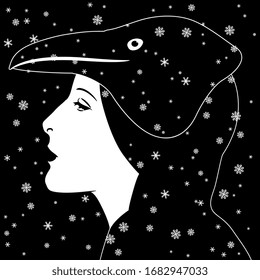 Isolated vector illustration. Beautiful girl in raven mask under snowflakes. Winter totem bird. Black and white silhouette.