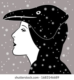 Isolated vector illustration. Beautiful girl in raven mask under snowflakes. Winter totem bird. Monochrome silhouette.