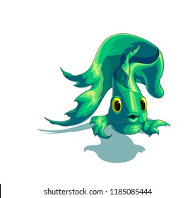 Isolated vector illustration of a beautiful green cartoon fish with the weaving long tail