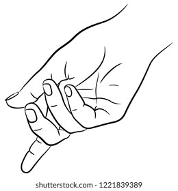 Isolated vector illustration. Beautiful human female hand in elegant pointing or inviting gesture. Hand drawn linear sketch. Black silhouette on white background.