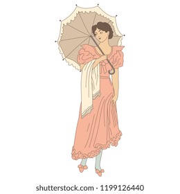 Isolated vector illustration. Beautiful lady in long dress holding umbrella or parasol. Based on vintage motif.