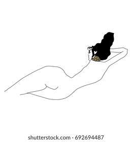 Isolated vector illustration. Beautiful lying naked girl with elaborate hairstyle. Female archetype. Linear black ink drawing and gold. Based on hand drawn original style art. 