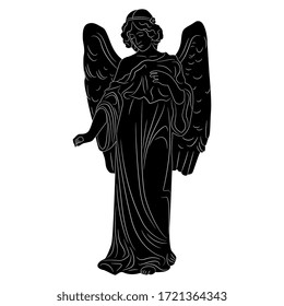 Isolated vector illustration. Beautiful sad vintage angel. Art Nouveau style. Black and white silhouette.