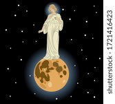 Isolated vector illustration. Beautiful saint lady standing on full moon. Goddess Selene. Celestial female archetype.