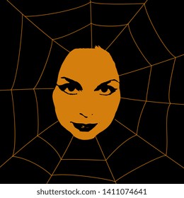 Isolated vector illustration. Beautiful silhouetted female face in a spider web. Halloween concept.