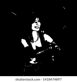 Isolated vector illustration. Beautiful smiling young woman in stage costume in darknes. Black and white high contrast silhouette.