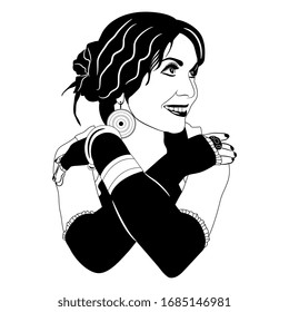 Ilustración vectorial aislada.Hermosa joven sonriente disfrazada de español. Flamenco o bailarina tribal.Retrato femenino. Silueta en blanco y negro.