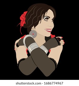 Isolated vector illustration. Beautiful smiling young woman in stage Spanish costume. Flamenco or tribal dancer. Female portrait. Cartoon style.