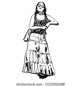 Isolated vector illustration. Beautiful standing young woman in summer cloth. Hand drawn linear doodle ink sketch.  Black silhouette on white background.