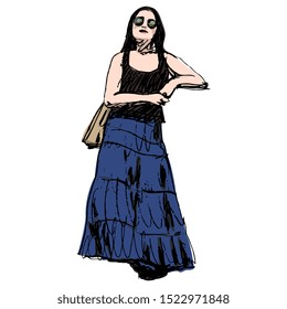 Isolated vector illustration. Beautiful standing young woman in summer cloth. Hand drawn colorful rough sketch.