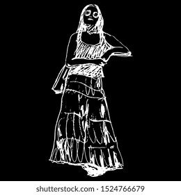 Isolated vector illustration. Beautiful standing young woman in summer cloth. Hand drawn linear doodle sketch.  White silhouette on black background.