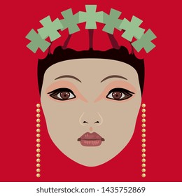 Isolated vector illustration. Beautiful stylized female face in fantastic crown. Chinese bride or princess. Flat cartoon style.