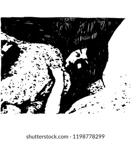 Isolated vector illustration. Beautiful young Caucasian girl lying in a bed under the blanket. Black and white silhouette. Hand drawn art.
