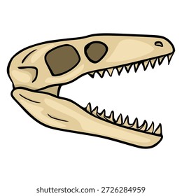Ilustración vectorial aislada de un cráneo de dinosaurio beige con dientes afilados y mandíbula abierta