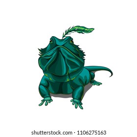 Isolated vector illustration of the big blue lizard with a feather