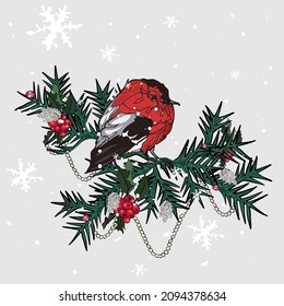 Isolated vector illustration of a bird on a branch. Red bird for print, logo, icon, blank for designer