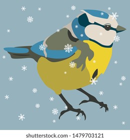 Isolated vector illustration of a bird under snowflakes. Eurasian blue tit. (Cyanistes caeruleus). 