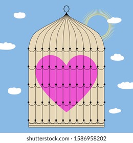 Isolated vector illustration. Bird's cage hanging in blue sky with captive human heart inside. Funny romantic motif. Valentine's Day decor. 