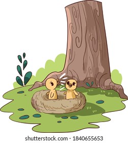 isolated vector illustration of birds chirping in nest