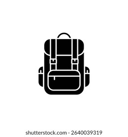 Isolated vector illustration of a black backpack with straps, pockets, and a handle, perfect for camping, hiking, travel, or representing outdoor gear.