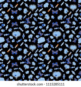 Isolated. Vector illustration. Black, blue and white version. Cute and colorful candy sweet seamless pattern on black, blue and white background.