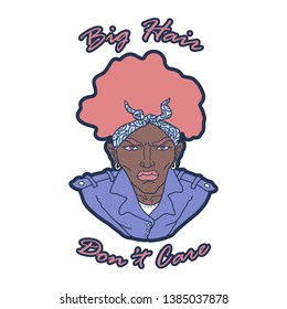 Isolated vector illustration of a black man with Afro in pastel colors. Big hair don’t care lettering. Sexy young bright illustration comic style.