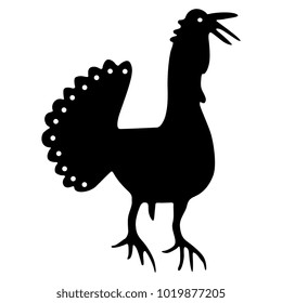 Isolated vector illustration. Black silhouette of stylized turkey bird. Mexican folk motif. Otomi Tenango embroidery style.