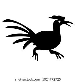 Isolated vector illustration. Black silhouette of a stylized rooster or hen. Mexican folk motif. Otomi Tenango embroidery style.