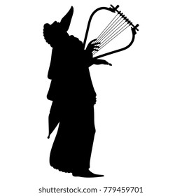 Isolated vector illustration. Black silhouette of ancient Greek musician with a lyre.