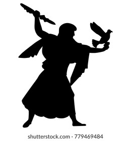 Isolated vector illustration. Black silhouette of ancient Greek god Zeus with an eagle and thunderbolt.