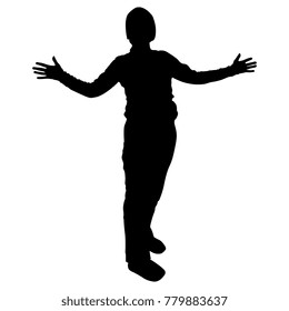 Isolated vector illustration. Black silhouette of a young person with open arms. 