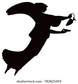 Isolated vector illustration. Black silhouette of ancient Greek female winged character with a vessel and a cup. Goddess of victory Nike.