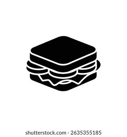 Isolated vector illustration of a black square sandwich icon with sliced layers of filling, presented on a transparent backdrop in a minimalist style.