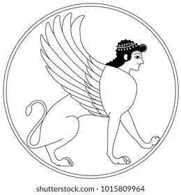 Isolated vector illustration. Black and white linear image of ancient Greek Sphynx in a ring. Fantastic mythological beast.