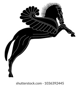 Isolated vector illustration. Black and white silhouette of a rearing winged horse Pegasus. Ancient Greek mythology. Ethnic style. Based on authentic vase painting image.