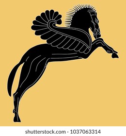 Isolated vector illustration. Black and white silhouette of a rearing winged horse Pegasus. Ancient Greek mythology. Ethnic style. Based on authentic vase painting image.