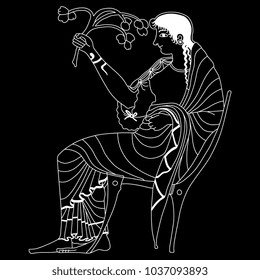 Isolated Vector Illustration. Black And White Linear Silhouette Of Ancient Greek Goddess Demeter Or Persephone Seated On A Throne And Holding A Plant Branch.  Based On Vase Painting Motif.