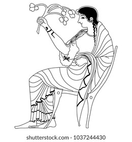 Isolated Vector Illustration. Black And White Linear Silhouette Of Ancient Greek Goddess Demeter Or Persephone Seated On A Throne And Holding A Plant Branch. Based On Vase Painting Motif.